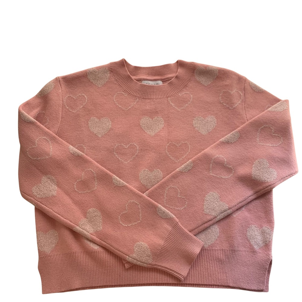 Tahari Kids Sweater Size M 7/8 Pink Heart Metallic Knit Crew Neck Long Sleeve